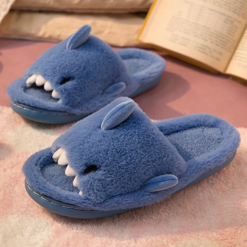 Cartoon Plush Shark Slippers for Women Men Winter Soft Opentoe Home Shoes Women Indoor Household Warm Cotton Slippers