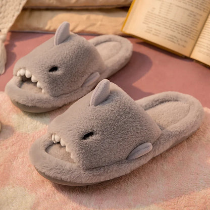 Cartoon Plush Shark Slippers for Women Men Winter Soft Opentoe Home Shoes Women Indoor Household Warm Cotton Slippers