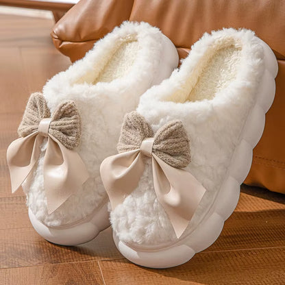 Thick Soled Non Slip Home Plush Slippers 2025 New Cotton Slippers for Women Bow Slippers for Autumn and Winter Warm for Women
