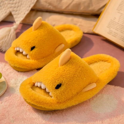 Cartoon Plush Shark Slippers for Women Men Winter Soft Opentoe Home Shoes Women Indoor Household Warm Cotton Slippers