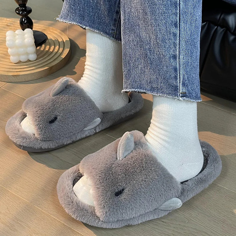 Cartoon Plush Shark Slippers for Women Men Winter Soft Opentoe Home Shoes Women Indoor Household Warm Cotton Slippers