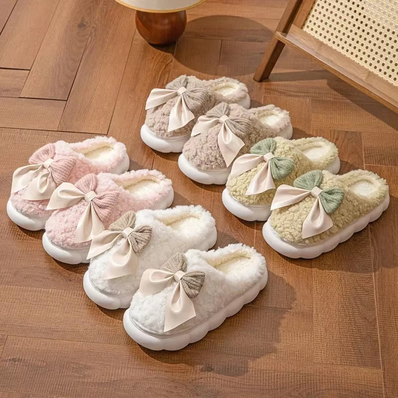 Thick Soled Non Slip Home Plush Slippers 2025 New Cotton Slippers for Women Bow Slippers for Autumn and Winter Warm for Women