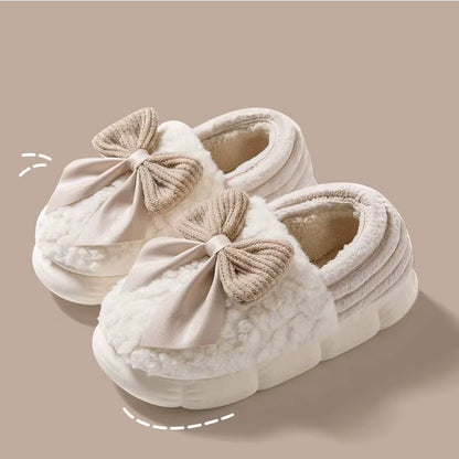 Thick Soled Non Slip Home Plush Slippers 2025 New Cotton Slippers for Women Bow Slippers for Autumn and Winter Warm for Women