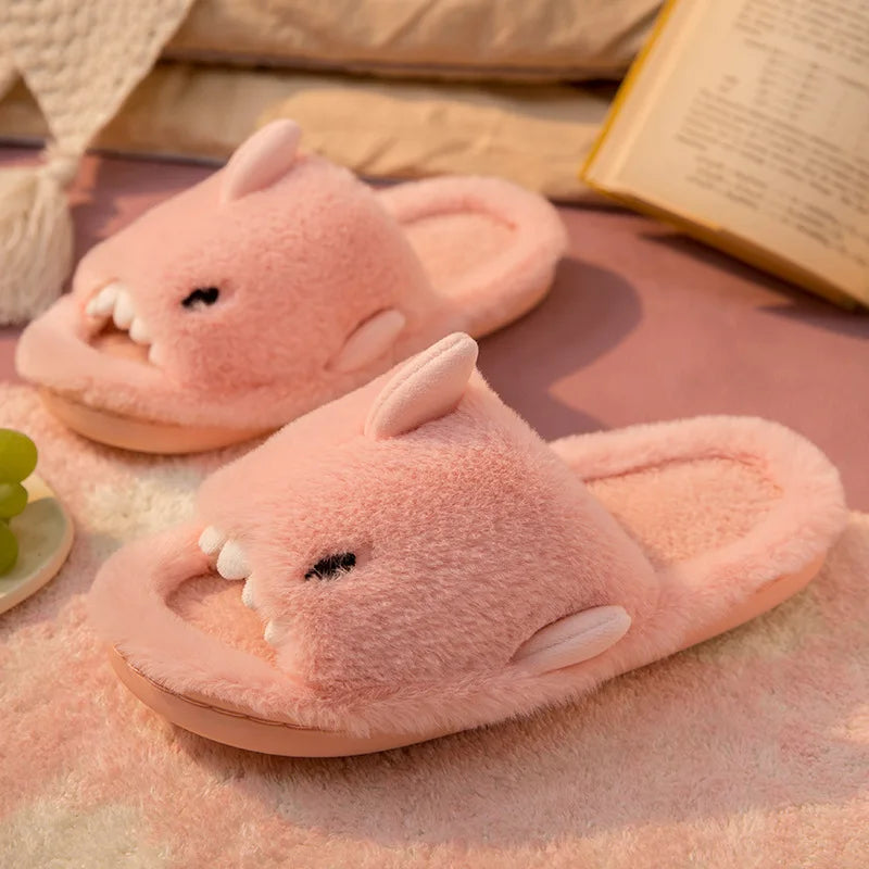 Cartoon Plush Shark Slippers for Women Men Winter Soft Opentoe Home Shoes Women Indoor Household Warm Cotton Slippers