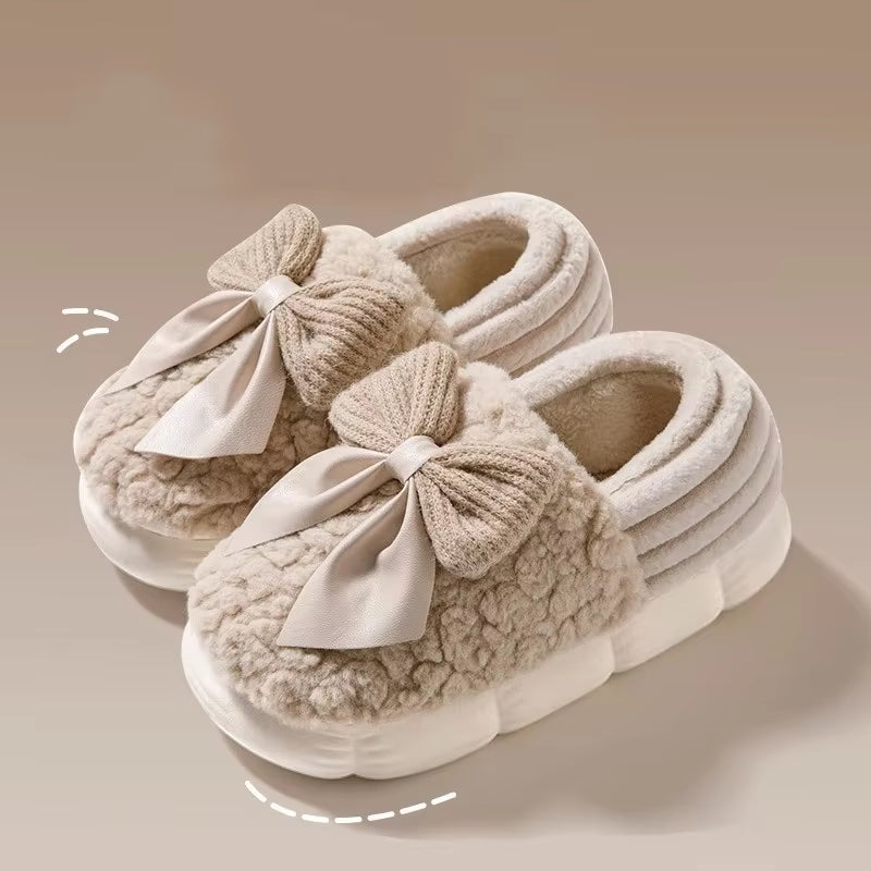 Thick Soled Non Slip Home Plush Slippers 2025 New Cotton Slippers for Women Bow Slippers for Autumn and Winter Warm for Women