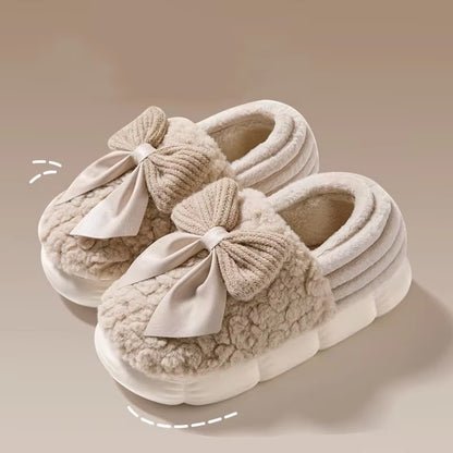 Thick Soled Non Slip Home Plush Slippers 2025 New Cotton Slippers for Women Bow Slippers for Autumn and Winter Warm for Women