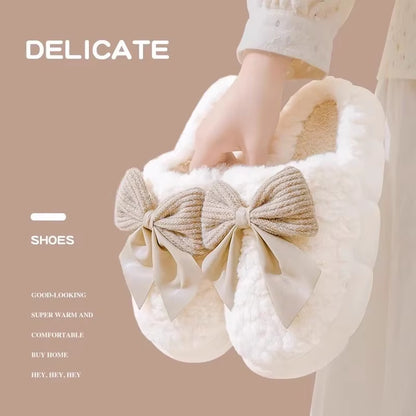 Thick Soled Non Slip Home Plush Slippers 2025 New Cotton Slippers for Women Bow Slippers for Autumn and Winter Warm for Women