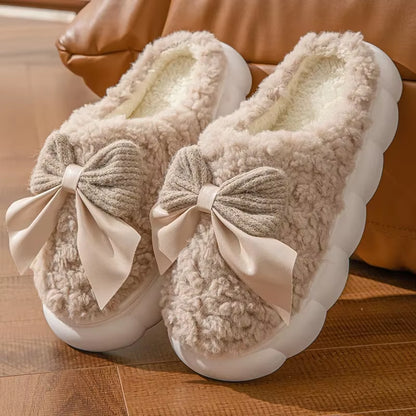 Thick Soled Non Slip Home Plush Slippers 2025 New Cotton Slippers for Women Bow Slippers for Autumn and Winter Warm for Women