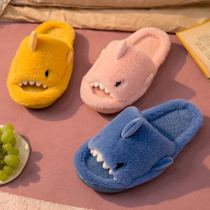 Cartoon Plush Shark Slippers for Women Men Winter Soft Opentoe Home Shoes Women Indoor Household Warm Cotton Slippers