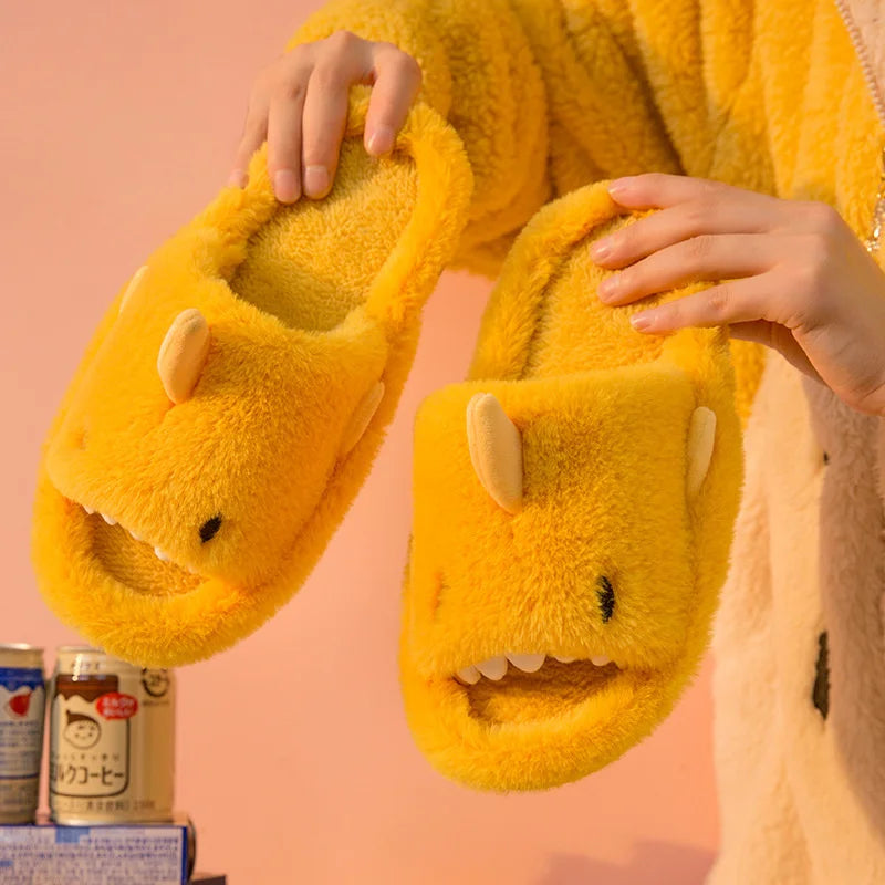 Cartoon Plush Shark Slippers for Women Men Winter Soft Opentoe Home Shoes Women Indoor Household Warm Cotton Slippers