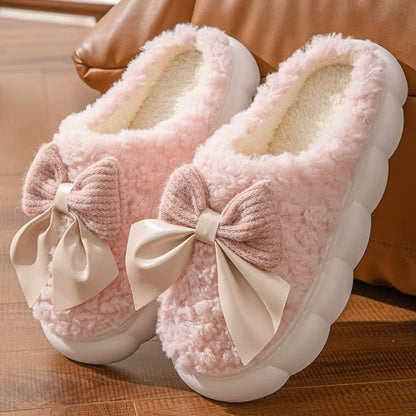 Thick Soled Non Slip Home Plush Slippers 2025 New Cotton Slippers for Women Bow Slippers for Autumn and Winter Warm for Women