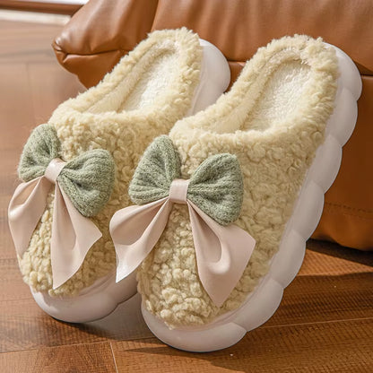 Thick Soled Non Slip Home Plush Slippers 2025 New Cotton Slippers for Women Bow Slippers for Autumn and Winter Warm for Women