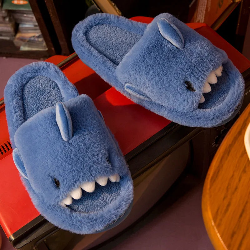 Cartoon Plush Shark Slippers for Women Men Winter Soft Opentoe Home Shoes Women Indoor Household Warm Cotton Slippers