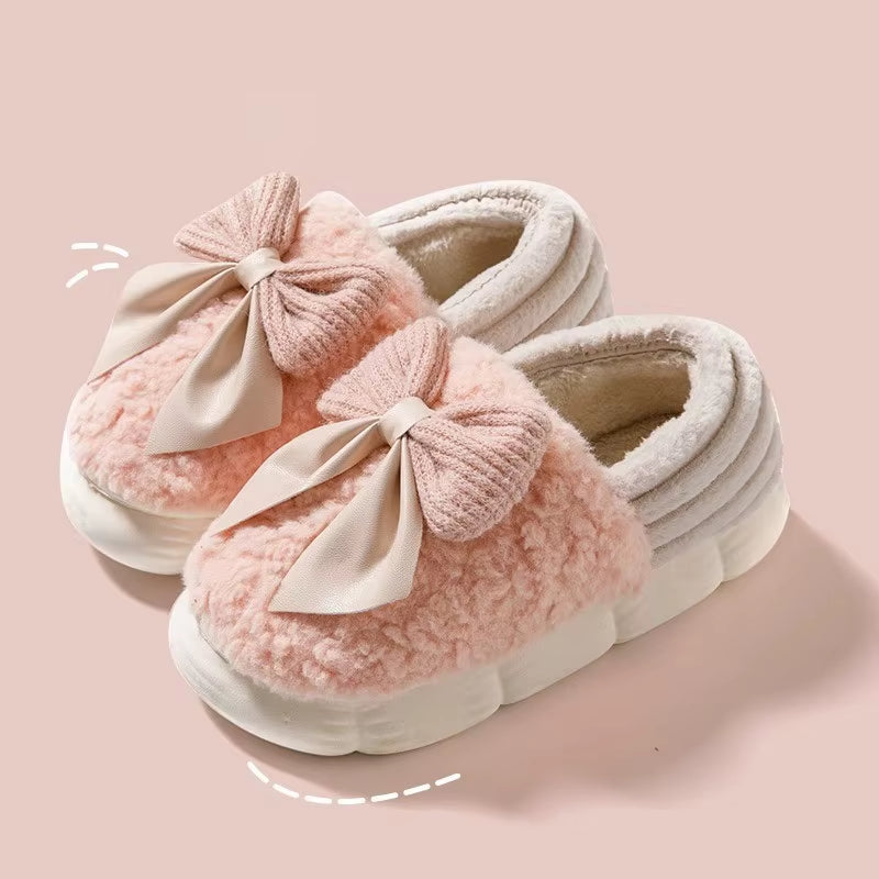 Thick Soled Non Slip Home Plush Slippers 2025 New Cotton Slippers for Women Bow Slippers for Autumn and Winter Warm for Women